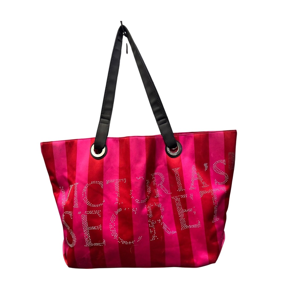 Victorias Secret Pink‎ Red Striped Rhinestone Logo Satin Tote Bag Glam Y2K